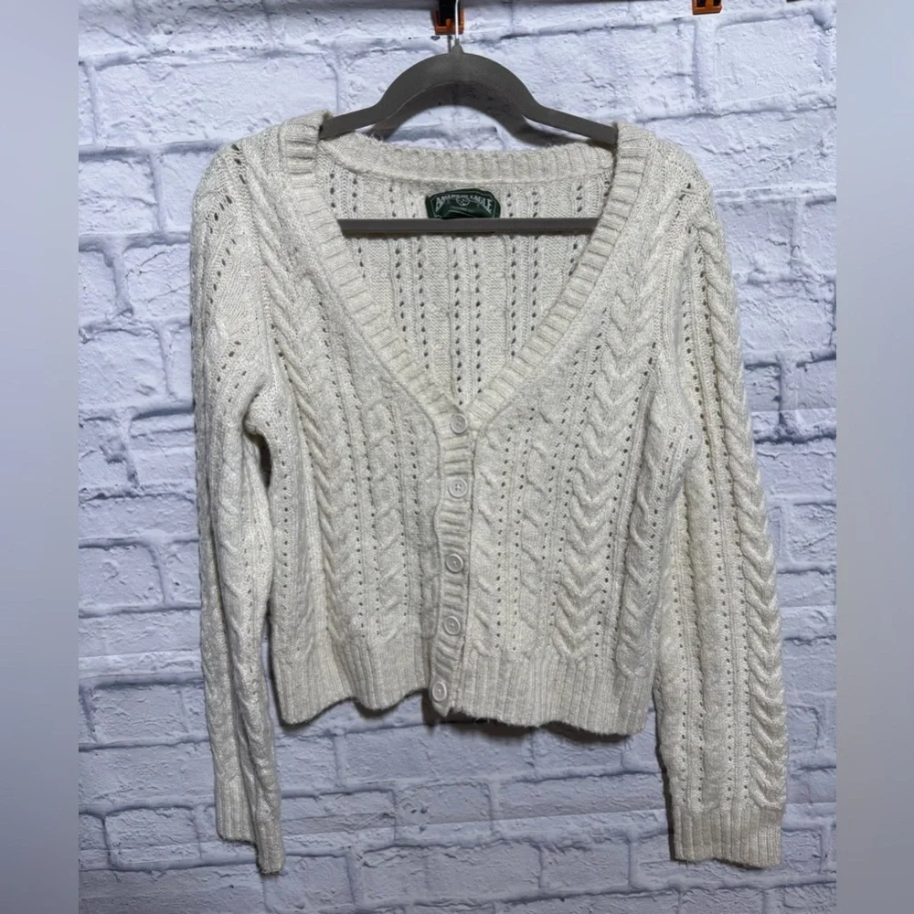 Y2K American Eagle Cable Knit Cardigan Sweater, Cream, Size Medium